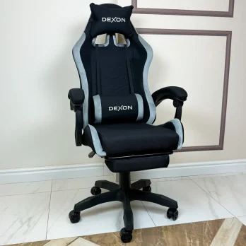 Геймерське ігрове крісло комп’ютерне DEXON ONYX з підставкою для ніг з тканини та велюру спортивне для пк розкладне Cold Grey