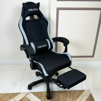 Геймерське ігрове крісло комп’ютерне DEXON ONYX з підставкою для ніг з тканини та велюру спортивне для пк розкладне Cold Grey