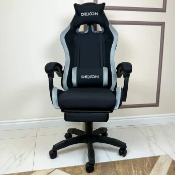 Геймерське ігрове крісло комп’ютерне DEXON ONYX з підставкою для ніг з тканини та велюру спортивне для пк розкладне Cold Grey