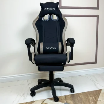 Геймерське ігрове крісло комп’ютерне DEXON ONYX з підставкою для ніг з тканини та велюру спортивне для пк розкладне Cofee