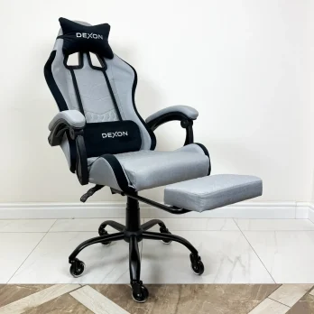 СИЛІКОНОВІ КОЛЕСА Геймерське ігрове крісло комп’ютерне DEXON ORION X з підставкою для ніг з тканини і велюровими подушками Сірий