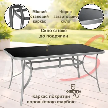 Набір комплект садових меблів Novara-4 прямокутний стіл 150х90см та 4 стільці з текстилену для саду тераси чорне скло/сірий, C