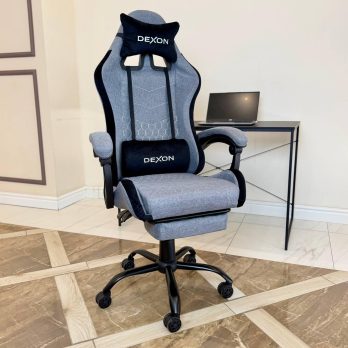 Геймерське ігрове крісло комп’ютерне DEXON ORION X з підставкою для ніг з тканини і велюровими подушками для пк розкладне Сірий