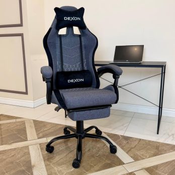 Геймерське ігрове крісло комп’ютерне DEXON ORION X з підставкою для ніг з тканини і велюровими подушками для пк розкладне Темно-Сі