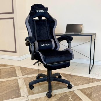 Геймерське ігрове крісло комп’ютерне DEXON ONYX з підставкою для ніг з велюру спортивне для пк розкладне Dark Grey