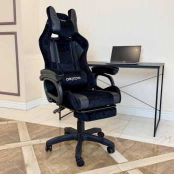 Геймерське ігрове крісло комп’ютерне DEXON VECTOR з підставкою для ніг з екошкіри та велюру спортивне для пк розкладне Чорний