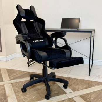 Геймерське ігрове крісло комп’ютерне DEXON VECTOR з підставкою для ніг з екошкіри та велюру спортивне для пк розкладне Чорний