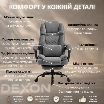 Комп’ютерне крісло з підставкою для ніг до 120 кг DEXON SUPREME з велюру зручне посилене офісне крісло керівника для кабінету ТС