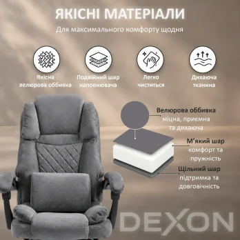 Комп’ютерне крісло з підставкою для ніг до 120 кг DEXON SUPREME з велюру зручне посилене офісне крісло керівника для кабінету ТС
