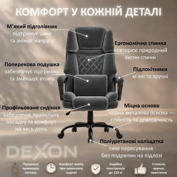 Комп’ютерне крісло до 120кг DEXON ROYAL з велюру механізм гойдання зручне посилене офісне крісло керівника для кабінету офісу ТС